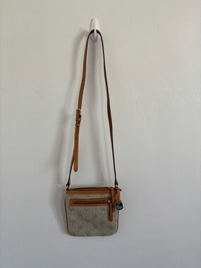 Dooney & Bourke DB Signature Crossbody Bag Tan Leather Trim Small Purse